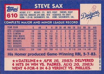 1984 Topps - Collector's Edition (Tiffany) #610 Steve Sax Back