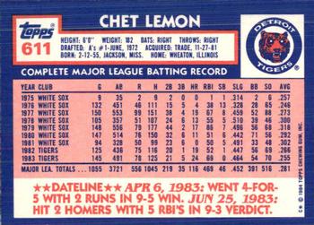 1984 Topps - Collector's Edition (Tiffany) #611 Chet Lemon Back