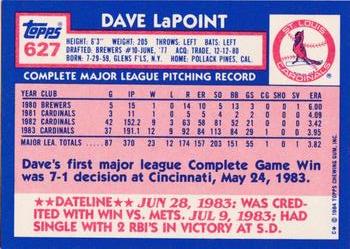 1984 Topps - Collector's Edition (Tiffany) #627 Dave LaPoint Back