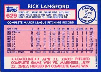 1984 Topps - Collector's Edition (Tiffany) #629 Rick Langford Back