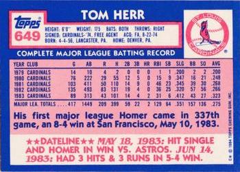 1984 Topps - Collector's Edition (Tiffany) #649 Tom Herr Back