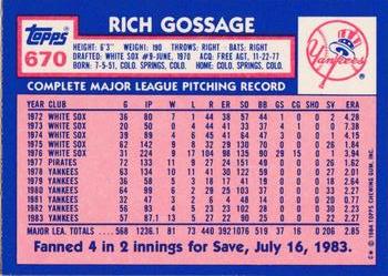 1984 Topps - Collector's Edition (Tiffany) #670 Rich Gossage Back