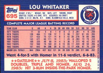 1984 Topps - Collector's Edition (Tiffany) #695 Lou Whitaker Back