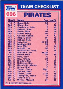 1984 Topps - Collector's Edition (Tiffany) #696 Pirates Leaders / Checklist (Bill Madlock / Rick Rhoden) Back