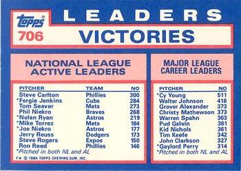 1984 Topps - Collector's Edition (Tiffany) #706 NL Active Career Victory Leaders (Steve Carlton / Fergie Jenkins / Tom Seaver) Back