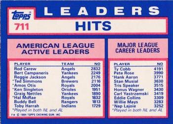 1984 Topps - Collector's Edition (Tiffany) #711 AL Active Career Hit Leaders (Rod Carew / Bert Campaneris / Reggie Jackson) Back