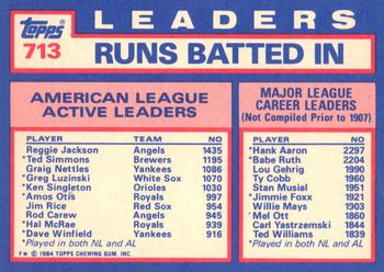1984 Topps - Collector's Edition (Tiffany) #713 AL Active Career RBI Leaders (Reggie Jackson / Ted Simmons / Graig Nettles) Back