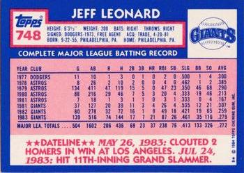 1984 Topps - Collector's Edition (Tiffany) #748 Jeff Leonard Back