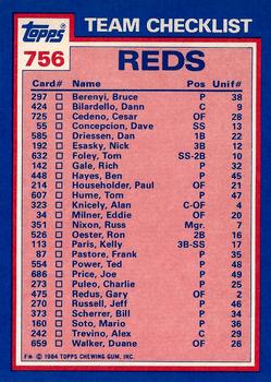 1984 Topps - Collector's Edition (Tiffany) #756 Reds Leaders / Checklist (Ron Oester / Mario Soto) Back