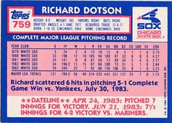 1984 Topps - Collector's Edition (Tiffany) #759 Richard Dotson Back