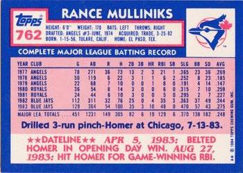 1984 Topps - Collector's Edition (Tiffany) #762 Rance Mulliniks Back