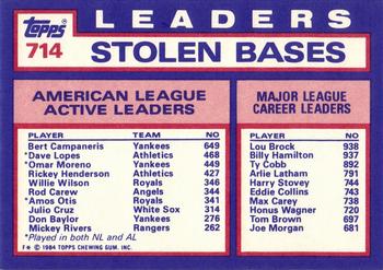1984 Topps - Collector's Edition (Tiffany) #714 AL Active Career Stolen Base Leaders (Bert Campaneris / Dave Lopes / Omar Moreno) Back