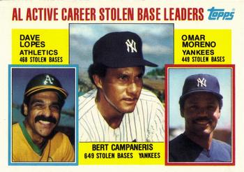 1984 Topps - Collector's Edition (Tiffany) #714 AL Active Career Stolen Base Leaders (Bert Campaneris / Dave Lopes / Omar Moreno) Front