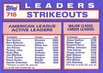 1984 Topps - Collector's Edition (Tiffany) #716 AL Active Career Strikeout Leaders (Don Sutton / Bert Blyleven / Jerry Koosman) Back