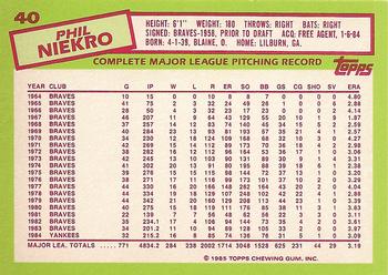 1985 Topps - Collector's Edition (Tiffany) #40 Phil Niekro Back
