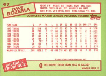 1985 Topps - Collector's Edition (Tiffany) #47 Dave Rozema Back