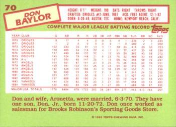 1985 Topps - Collector's Edition (Tiffany) #70 Don Baylor Back