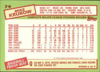 1985 Topps - Collector's Edition (Tiffany) #74 Mike Krukow Back