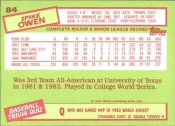1985 Topps - Collector's Edition (Tiffany) #84 Spike Owen Back
