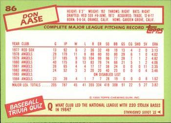 1985 Topps - Collector's Edition (Tiffany) #86 Don Aase Back