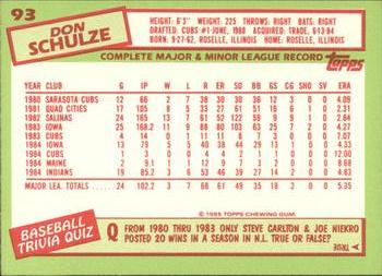 1985 Topps - Collector's Edition (Tiffany) #93 Don Schulze Back