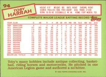 1985 Topps - Collector's Edition (Tiffany) #94 Toby Harrah Back