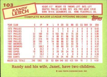 1985 Topps - Collector's Edition (Tiffany) #103 Randy Lerch Back