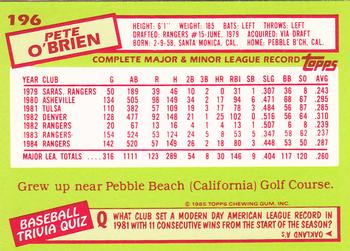 1985 Topps - Collector's Edition (Tiffany) #196 Pete O'Brien Back