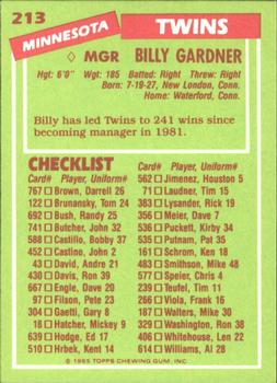 1985 Topps - Collector's Edition (Tiffany) #213 Billy Gardner Back