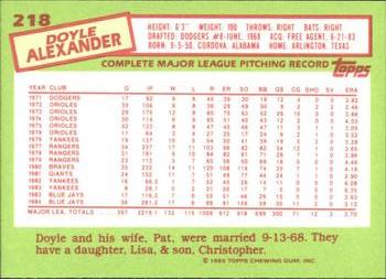1985 Topps - Collector's Edition (Tiffany) #218 Doyle Alexander Back