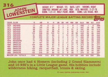 1985 Topps - Collector's Edition (Tiffany) #316 John Lowenstein Back