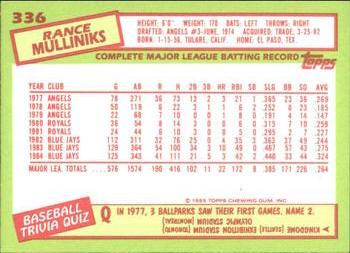 1985 Topps - Collector's Edition (Tiffany) #336 Rance Mulliniks Back