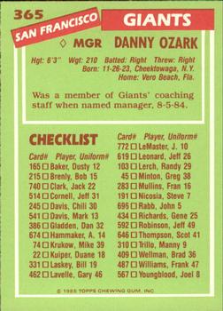 1985 Topps - Collector's Edition (Tiffany) #365 Danny Ozark Back