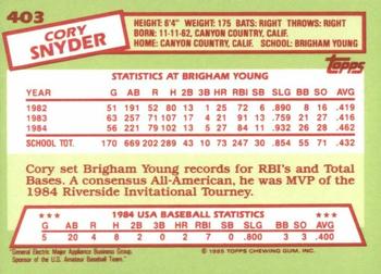 1985 Topps - Collector's Edition (Tiffany) #403 Cory Snyder Back