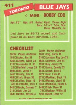 1985 Topps - Collector's Edition (Tiffany) #411 Bobby Cox Back