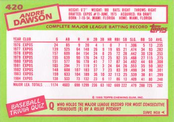 1985 Topps - Collector's Edition (Tiffany) #420 Andre Dawson Back