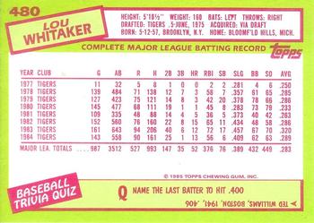 1985 Topps - Collector's Edition (Tiffany) #480 Lou Whitaker Back