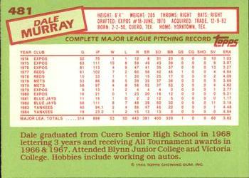 1985 Topps - Collector's Edition (Tiffany) #481 Dale Murray Back
