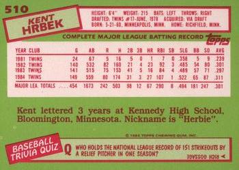 1985 Topps - Collector's Edition (Tiffany) #510 Kent Hrbek Back