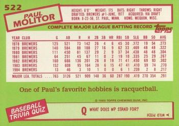 1985 Topps - Collector's Edition (Tiffany) #522 Paul Molitor Back