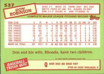 1985 Topps - Collector's Edition (Tiffany) #537 Don Robinson Back