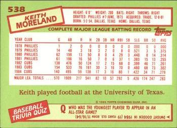 1985 Topps - Collector's Edition (Tiffany) #538 Keith Moreland Back