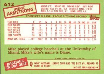 1985 Topps - Collector's Edition (Tiffany) #612 Mike Armstrong Back