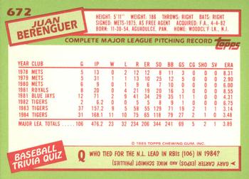 1985 Topps - Collector's Edition (Tiffany) #672 Juan Berenguer Back