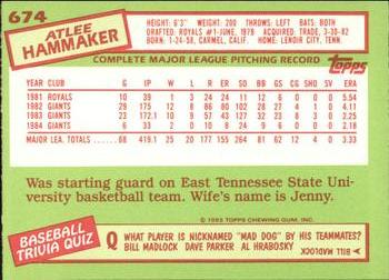 1985 Topps - Collector's Edition (Tiffany) #674 Atlee Hammaker Back