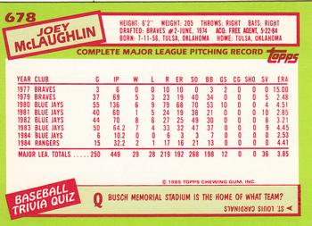 1985 Topps - Collector's Edition (Tiffany) #678 Joey McLaughlin Back