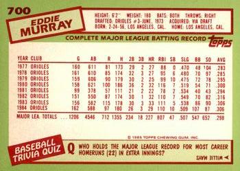 1985 Topps - Collector's Edition (Tiffany) #700 Eddie Murray Back