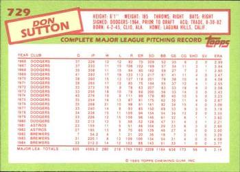1985 Topps - Collector's Edition (Tiffany) #729 Don Sutton Back
