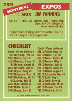 1985 Topps - Collector's Edition (Tiffany) #759 Jim Fanning Back