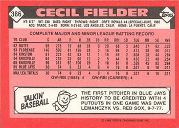 1986 Topps - Collector's Edition (Tiffany) #386 Cecil Fielder Back